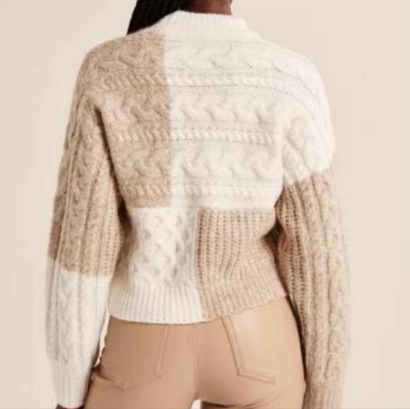 Abercrombie & Fitch Tonal Patchwork Mixed Cable Knit Chunky Sweater Cream XS - Picture 2 of 8